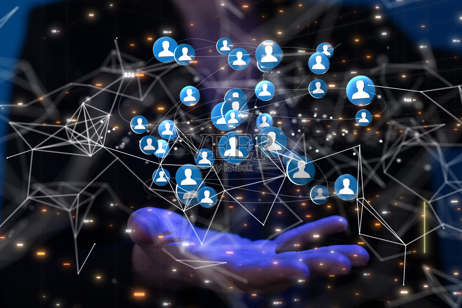 3D渲染的互联网网络和数据数字概念的手在一个男人的背景照片摄影图片