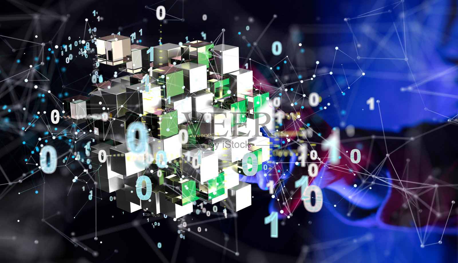 一个模糊背景上的抽象技术组和社会网络连接的3D渲染照片摄影图片