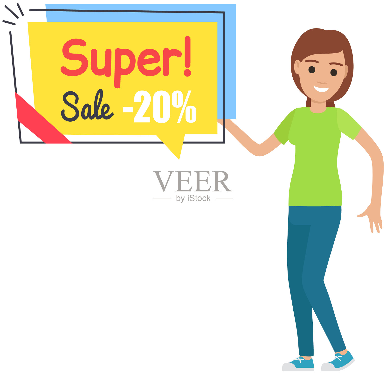 在广告海报附近有跳舞的女人的销售横幅。女士高兴在商店独家提供插画图片素材