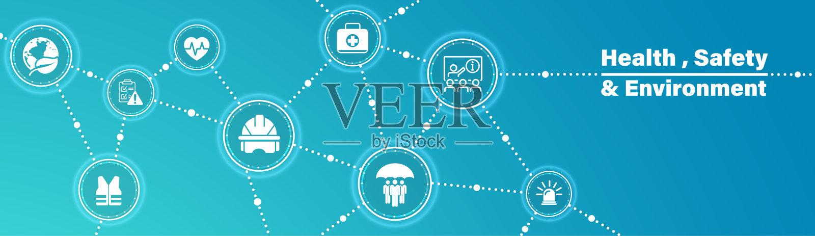 健康、安全和环境图标集和网页标题横幅。工业事故预防、安全生产培训、行业法规、危险警示、防护设备等相关图标。插画图片素材