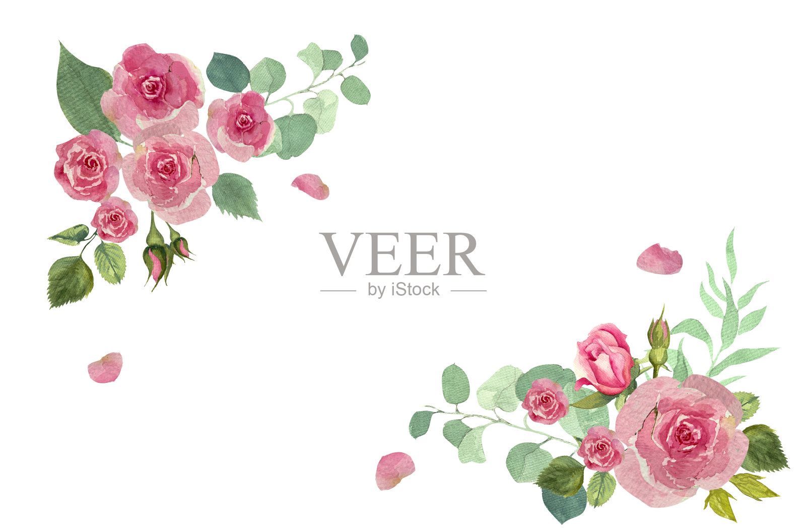 水彩粉花玫瑰花构图手工创作艺术绘画插画图片素材