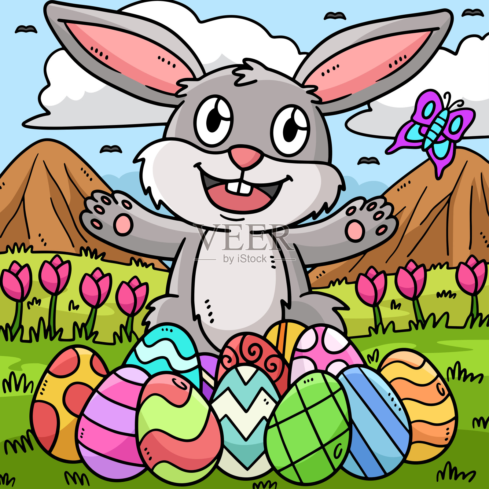 兔子与复活节彩蛋彩色卡通插图插画图片素材