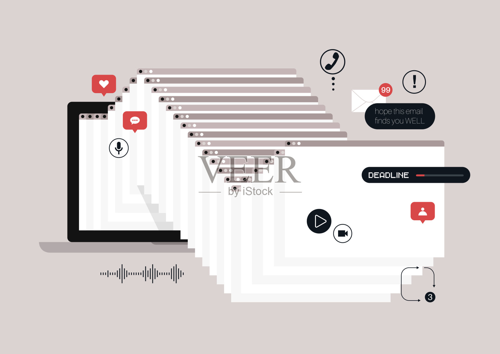 一台带有烦人的弹出符号的笔记本电脑，令人窒息的生活方式，糟糕的时间管理理念插画图片素材