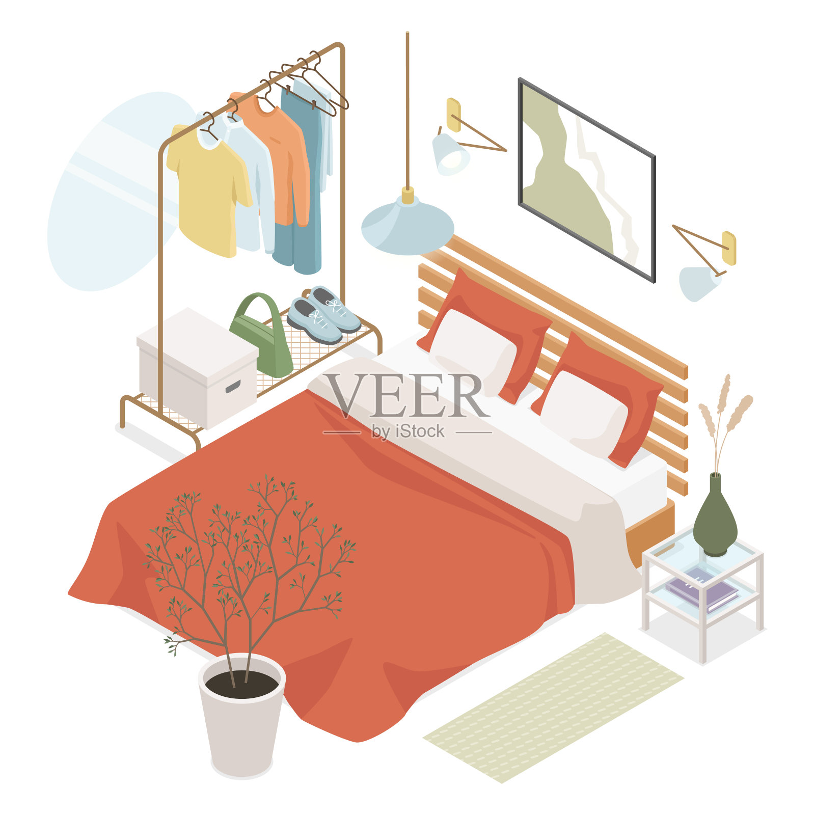 卧室设计-现代矢量彩色等距插图插画图片素材