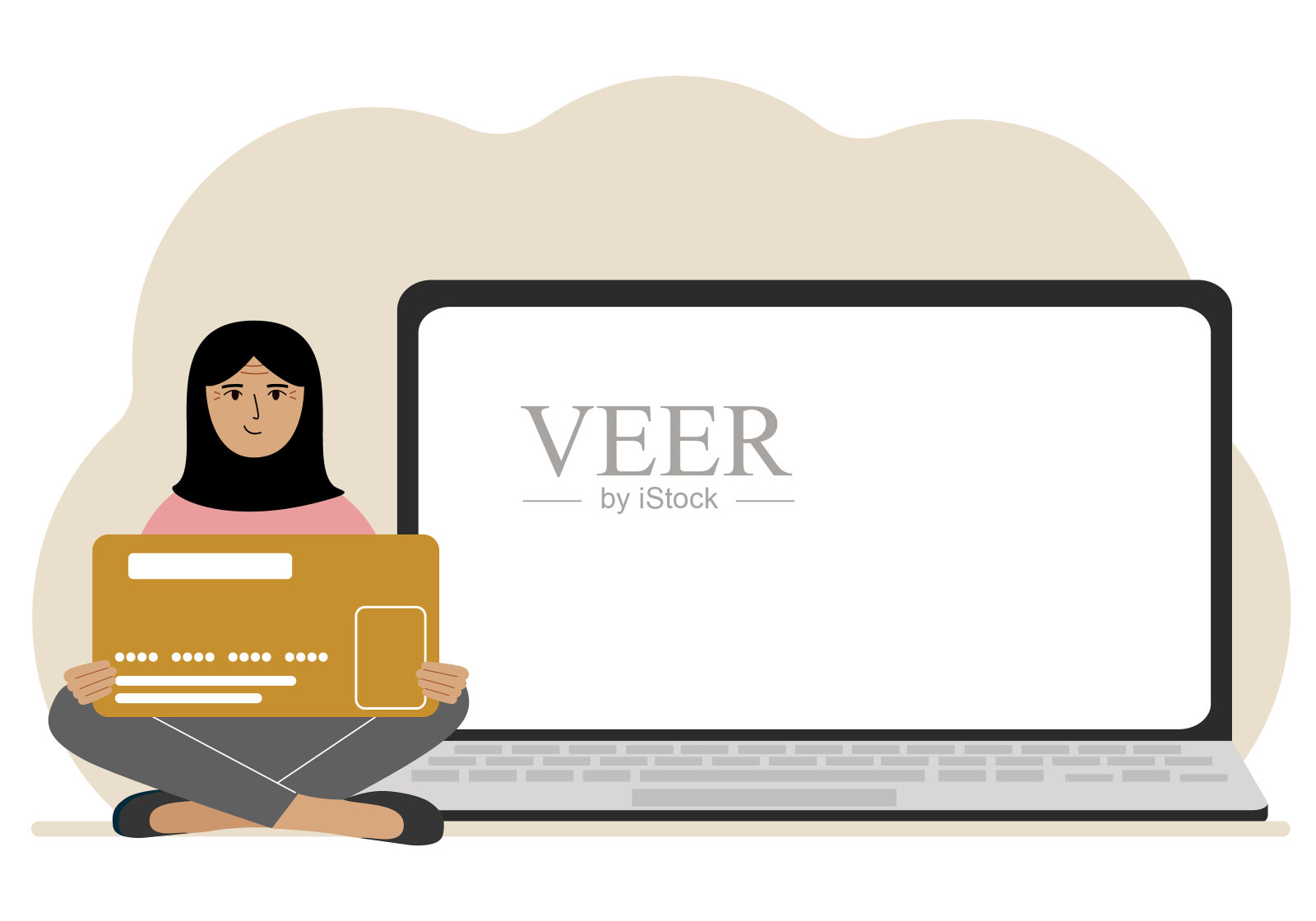 一个女人盘腿坐着，手里拿着一张大塑料卡片。这位女士旁边放着一台很大的笔记本电脑，有足够的空间打字。插画图片素材