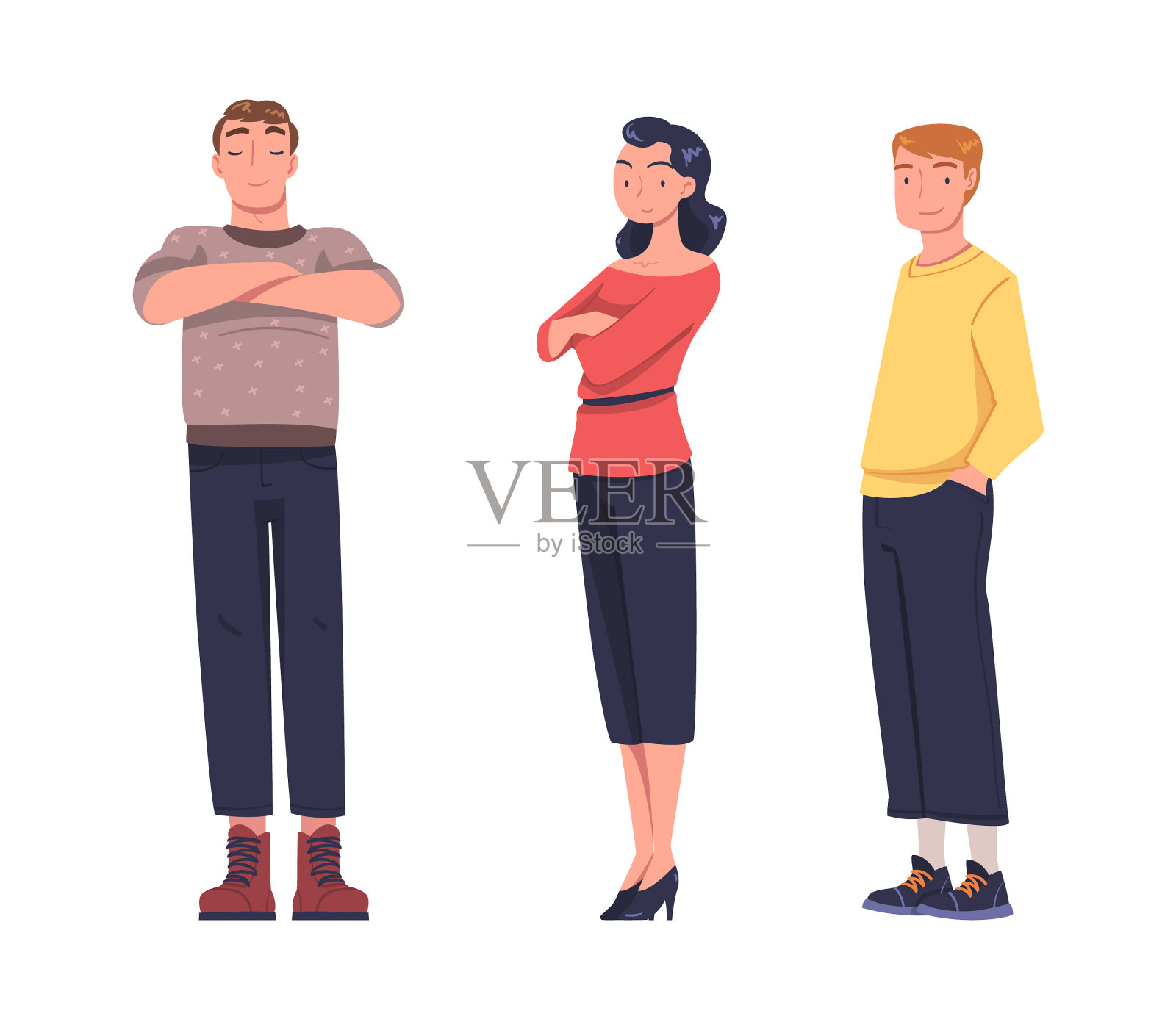 年轻微笑的男人和女人站在一起的姿势插画图片素材