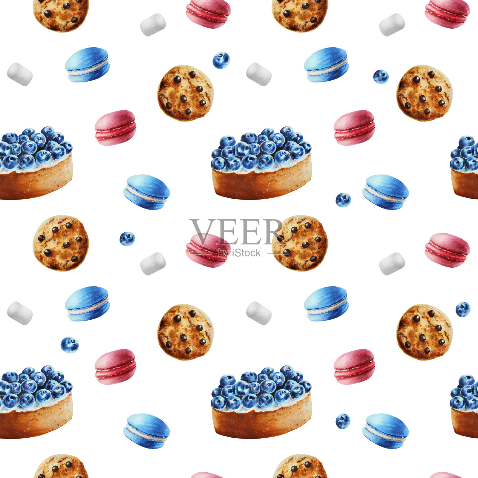 水彩无缝图案与饼干，蛋白酥，棉花糖，蓝莓馅饼，蛋白杏仁饼。手绘甜美的白色孤立的背景。为设计师，菜单，商店，酒吧，小酒馆，餐厅，明信片，包装纸，封面。海报插画图片素材