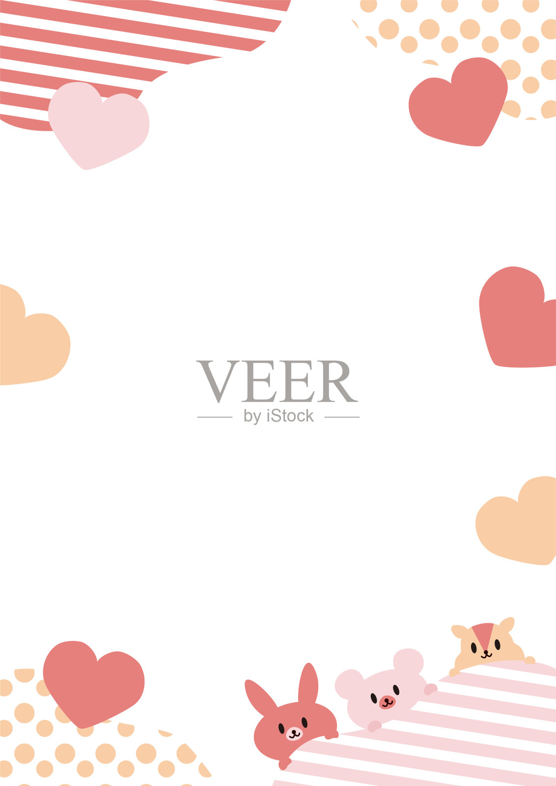 框架和背景边界与点和心垂直动物(兔子，熊，松鼠)_粉红色插画图片素材