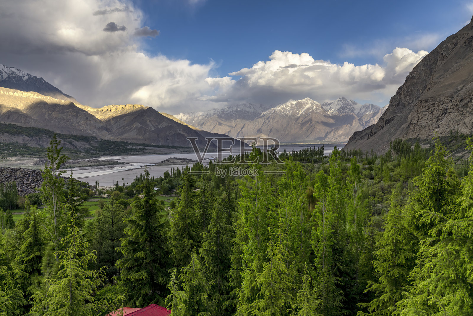巴基斯坦斯卡都的印度河和郁郁葱葱的绿树照片摄影图片