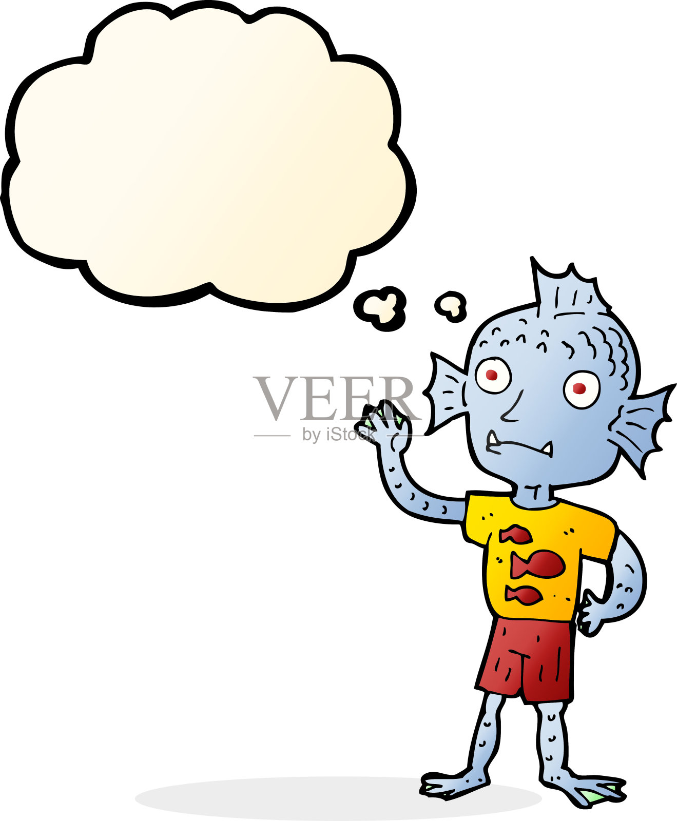 卡通挥手鱼男孩与思想泡泡设计元素图片