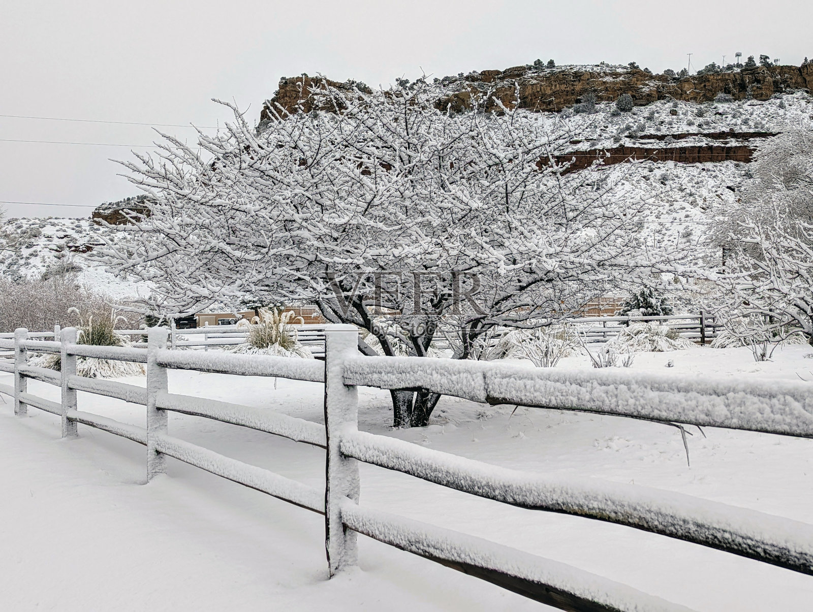 一场降雪后，从犹他州洛克维尔的格拉夫顿路看到的乡村围栏和南梅萨照片摄影图片
