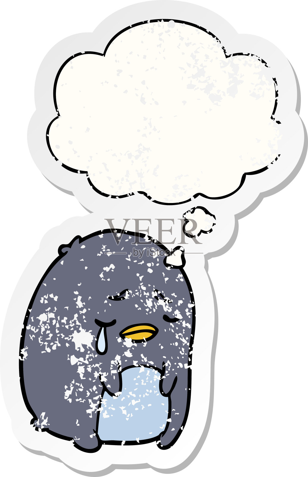卡通哭泣的企鹅与思想泡沫心疼磨损贴纸插画图片素材