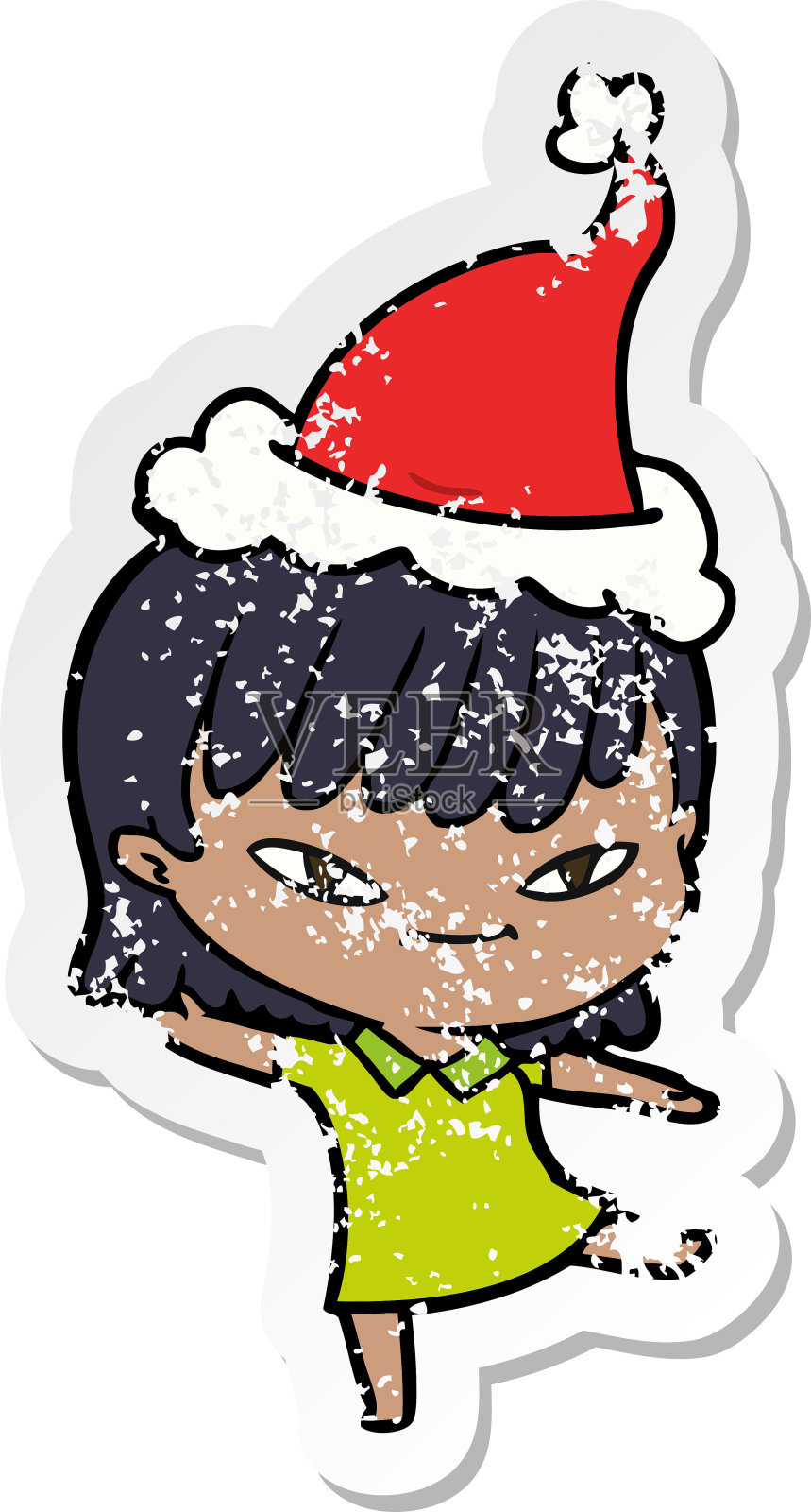手绘苦恼贴纸卡通的一个女人戴着圣诞老人的帽子插画图片素材