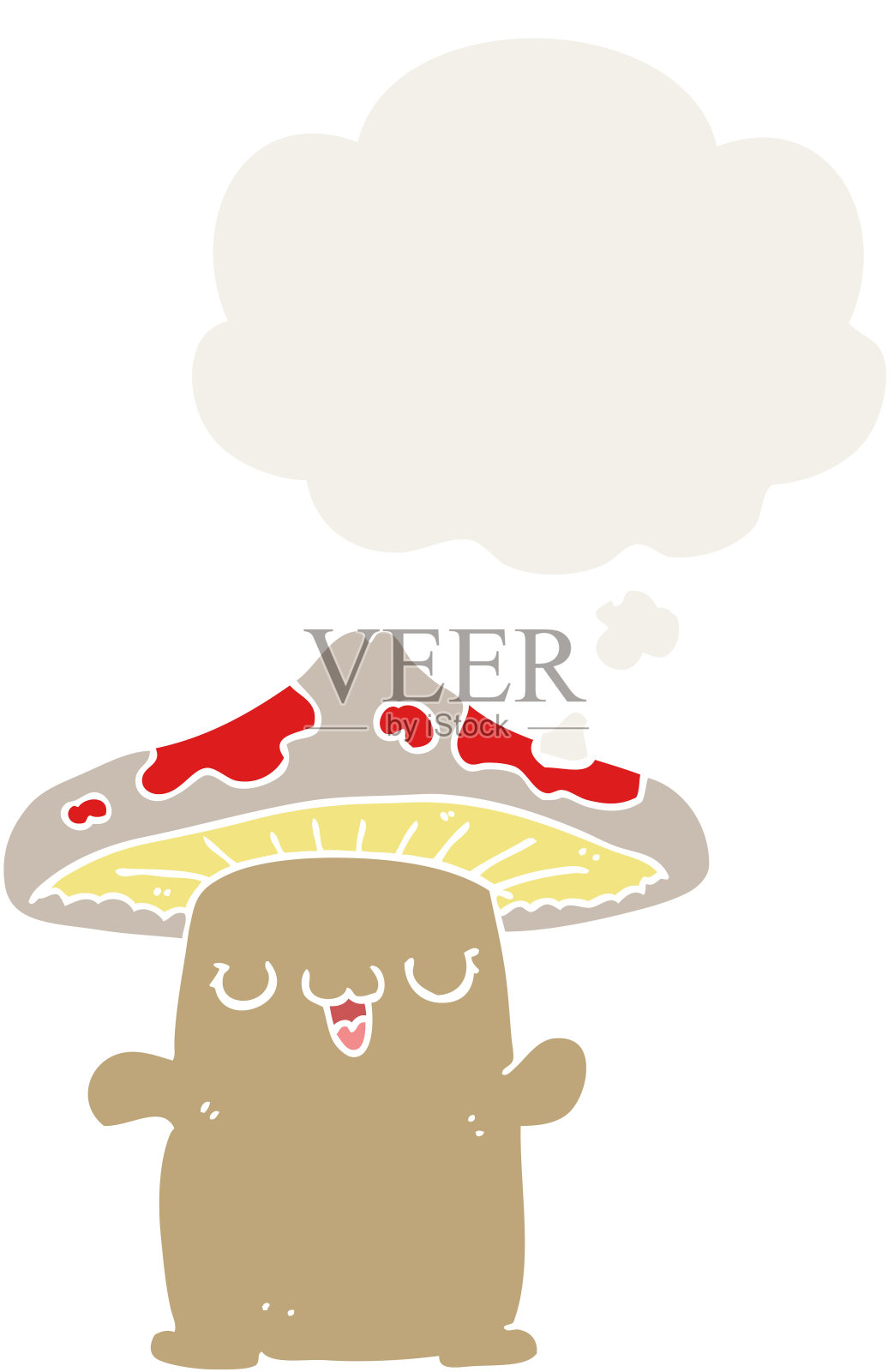 卡通蘑菇生物与思想泡泡在复古风格插画图片素材