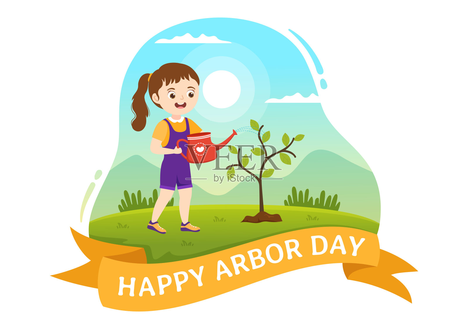 4月28日植树节快乐插图与孩子种植的树和自然环境在平面卡通手绘的着陆页模板插画图片素材