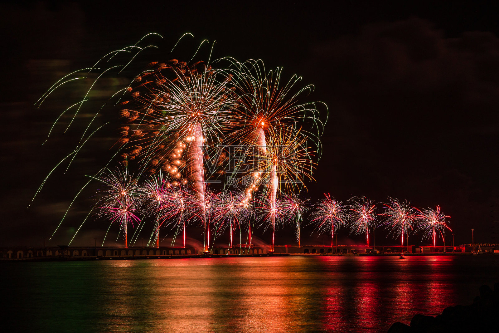晚上放烟花，新年快乐，用烟火庆祝。照片摄影图片