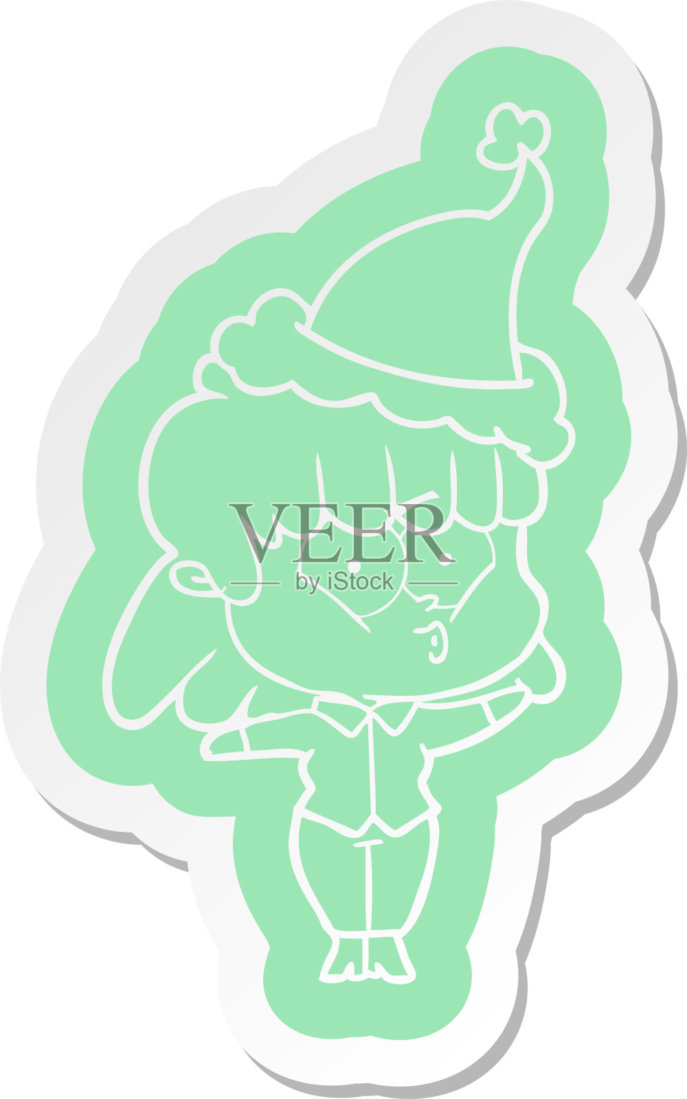 古怪的卡通贴纸，一个吹口哨的女孩戴着圣诞老人的帽子插画图片素材