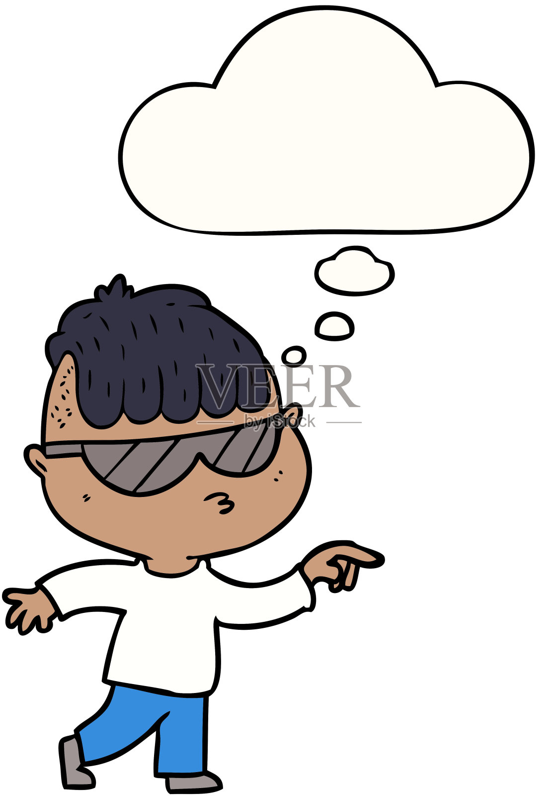 卡通男孩戴着太阳镜指着思想泡泡插画图片素材