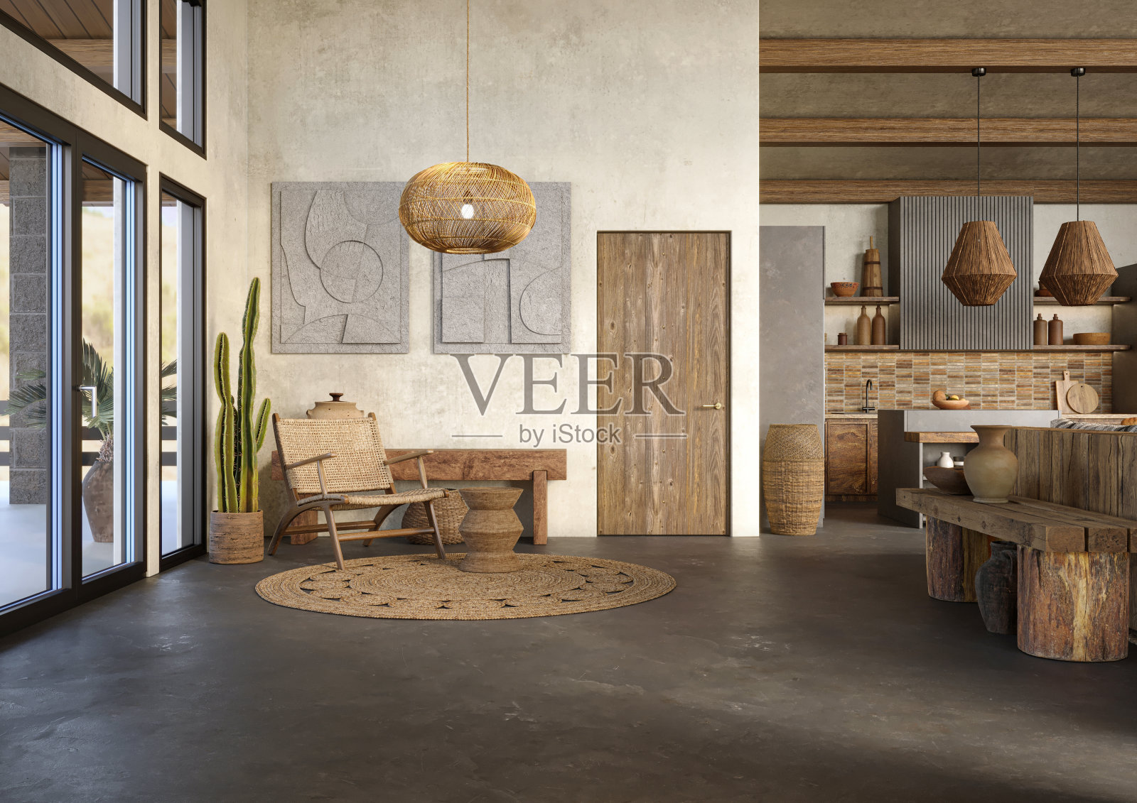 Wabi sabi客厅内部，3d渲染照片摄影图片