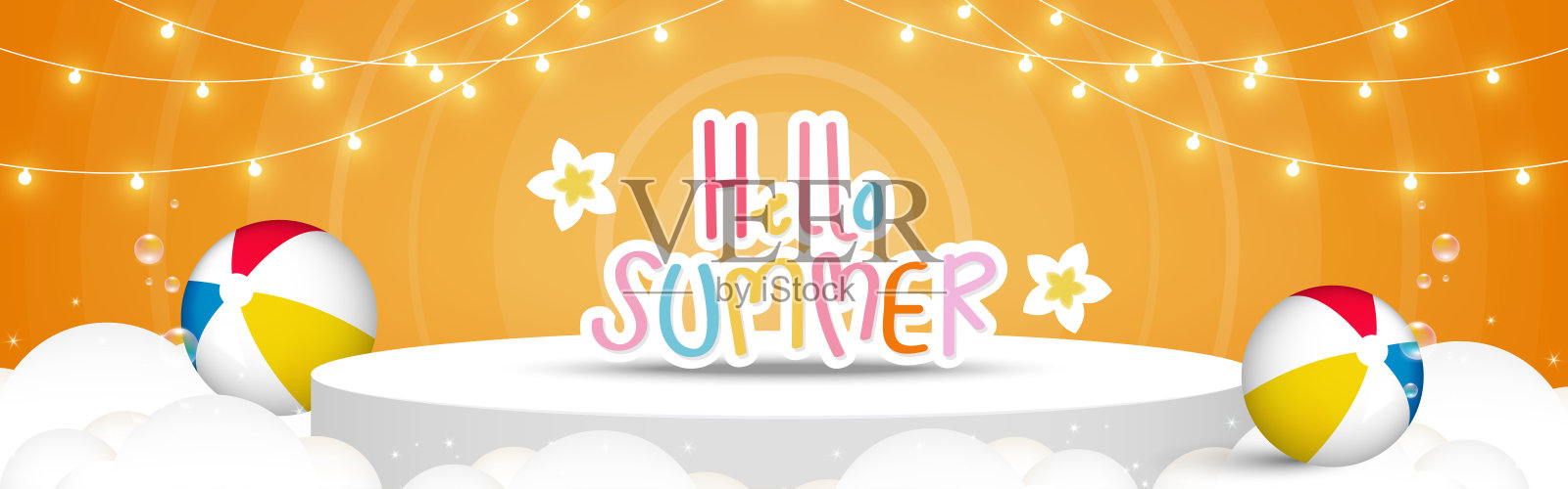 夏季聚会抽象背景与讲台为您的图形装饰与沙滩球，云，和装饰灯。插画图片素材