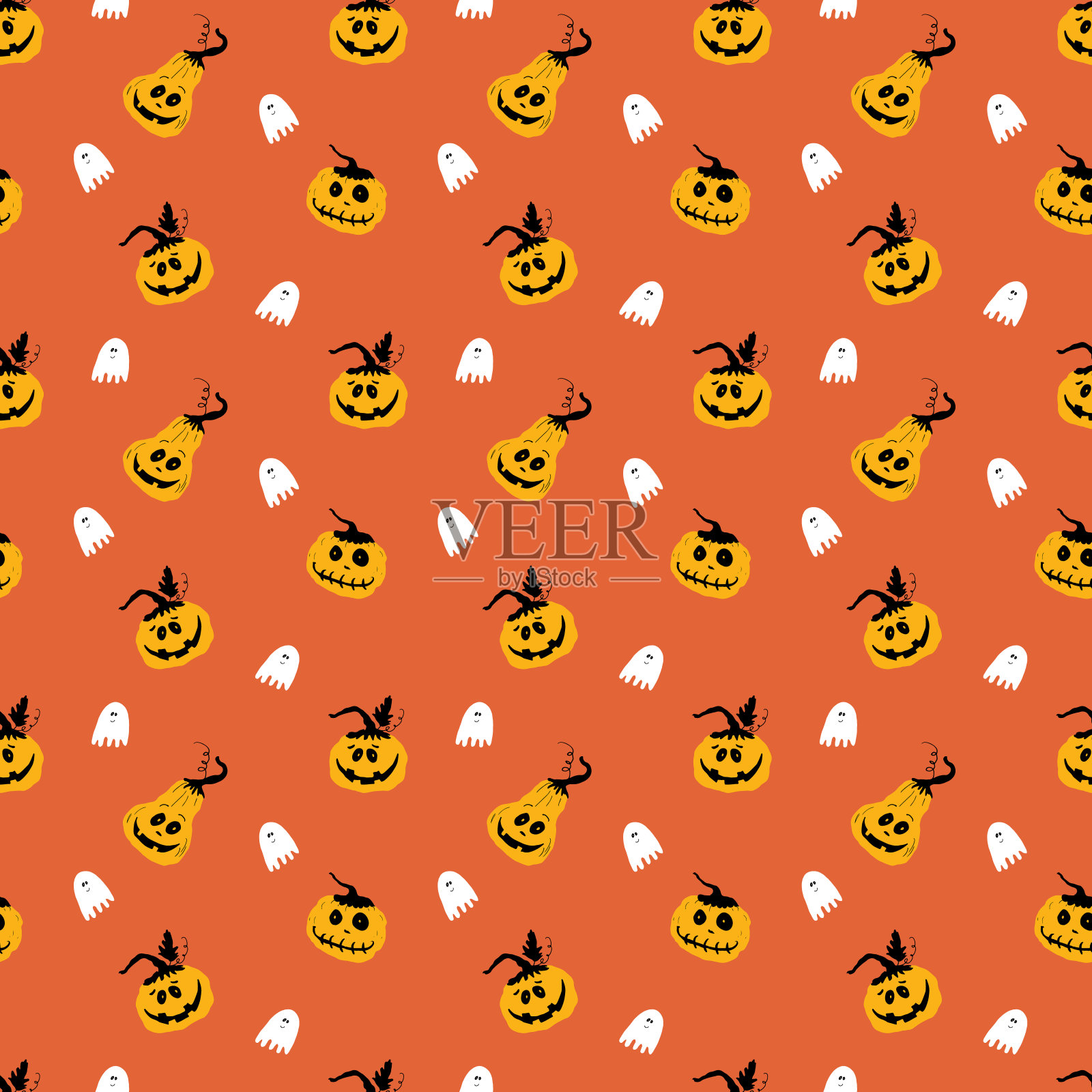 万圣节无缝图案设计。可爱的卡通南瓜和鬼，节日背景，矢量插图插画图片素材
