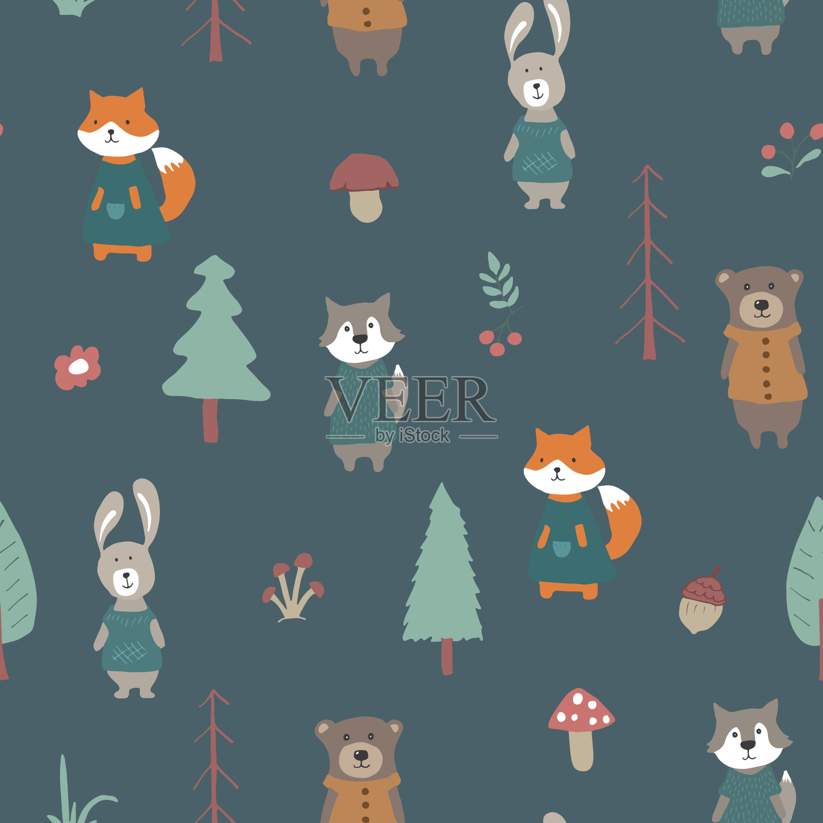 可爱的动物无缝图案。森林背景中的卡通动物。矢量图插画图片素材