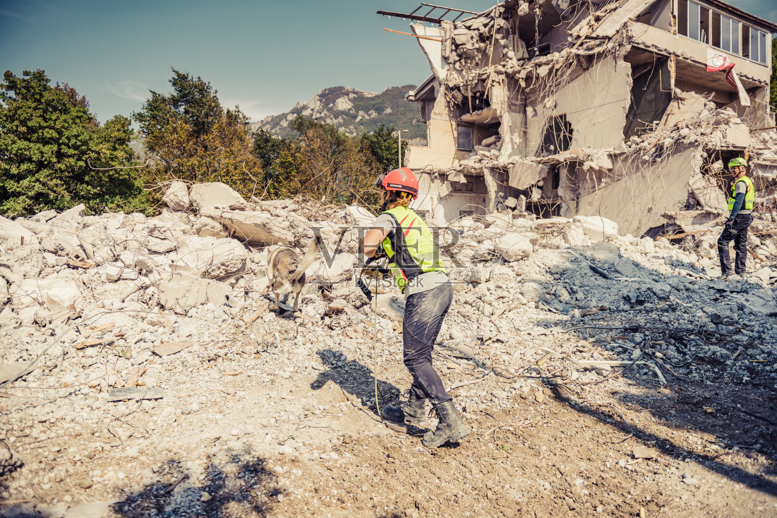 救援人员在搜救犬的帮助下进行搜索照片摄影图片
