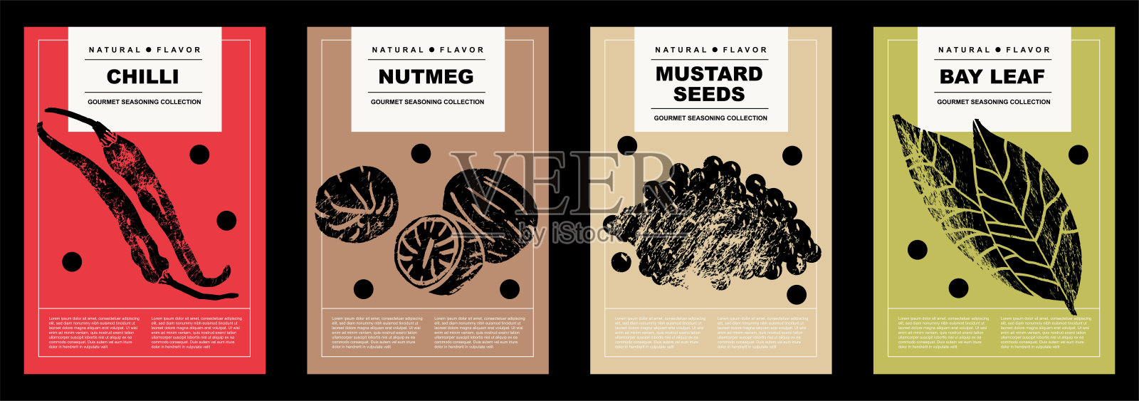 辣椒，肉豆蔻，芥末籽，月桂叶。一套海报的香料和草药在一个抽象的绘画设计。食物准备和烹饪的标签或海报。简单，平面设计。海报，封面，横幅。插画图片素材
