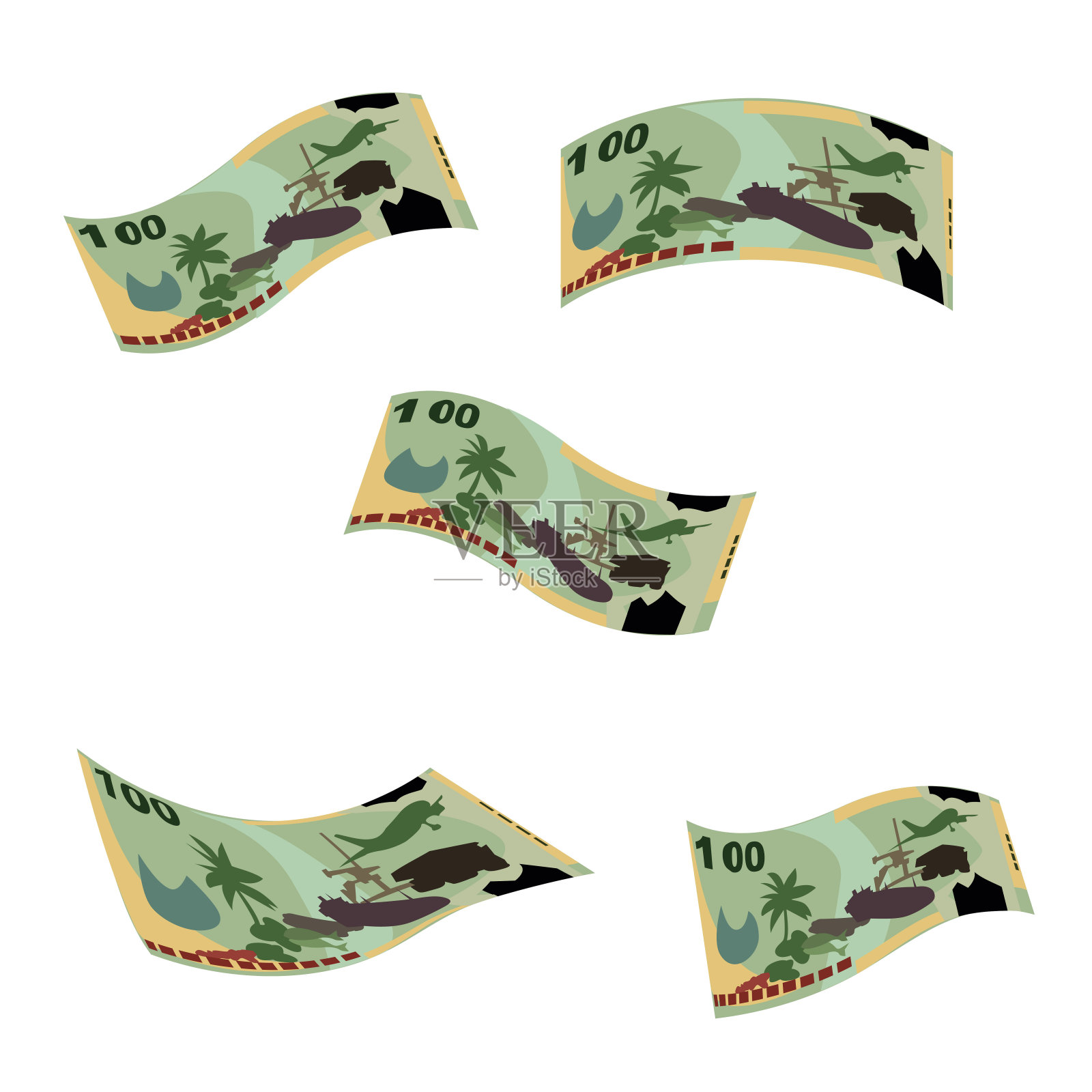 Kina矢量插图。巴布亚新几内亚货币套装捆绑钞票。坠落，飞钱100 PGK。平的风格。孤立在白色背景上。简单的最小设计。插画图片素材