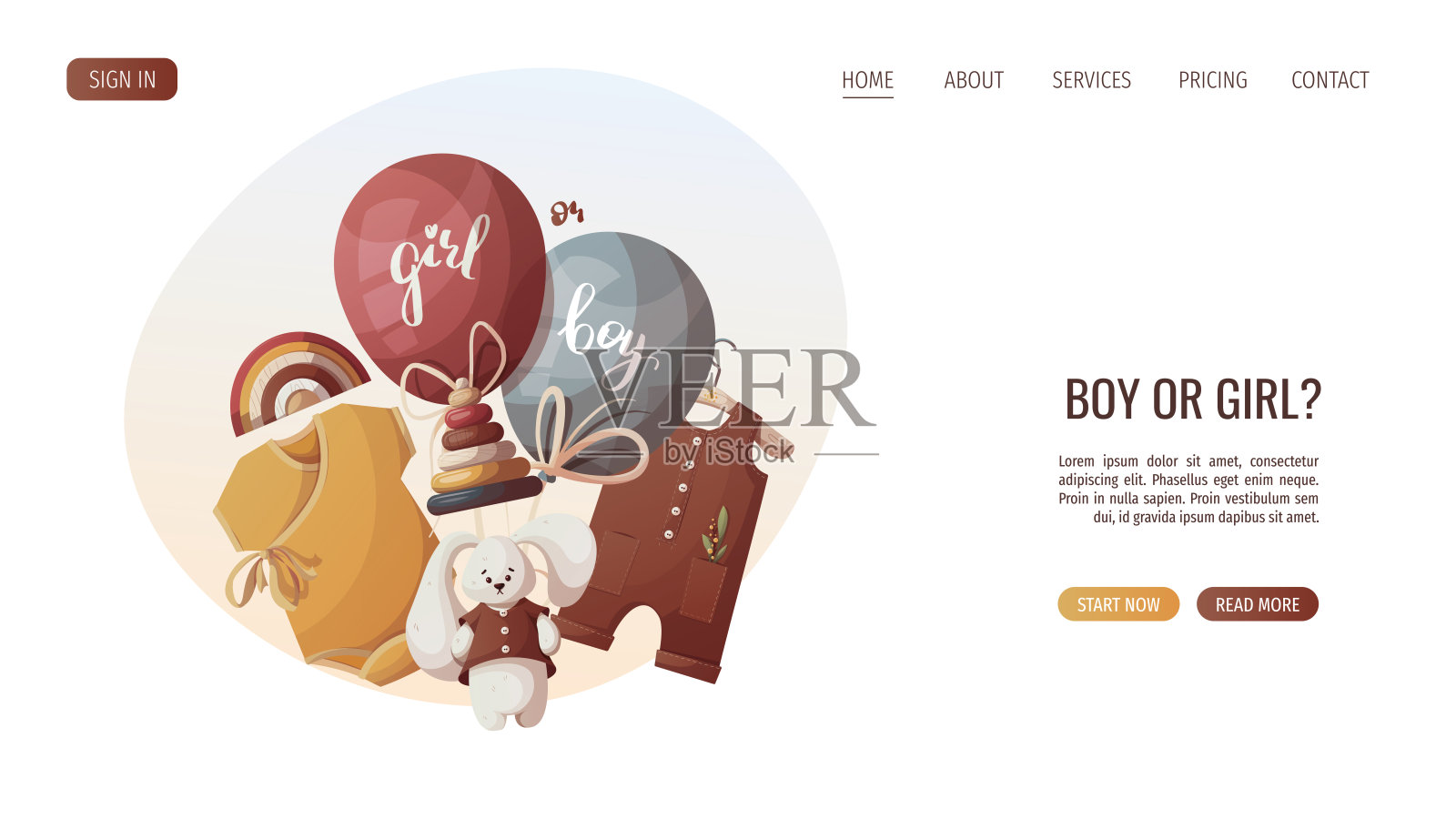 性别揭秘派对的婴儿服装、玩具和气球。插画图片素材