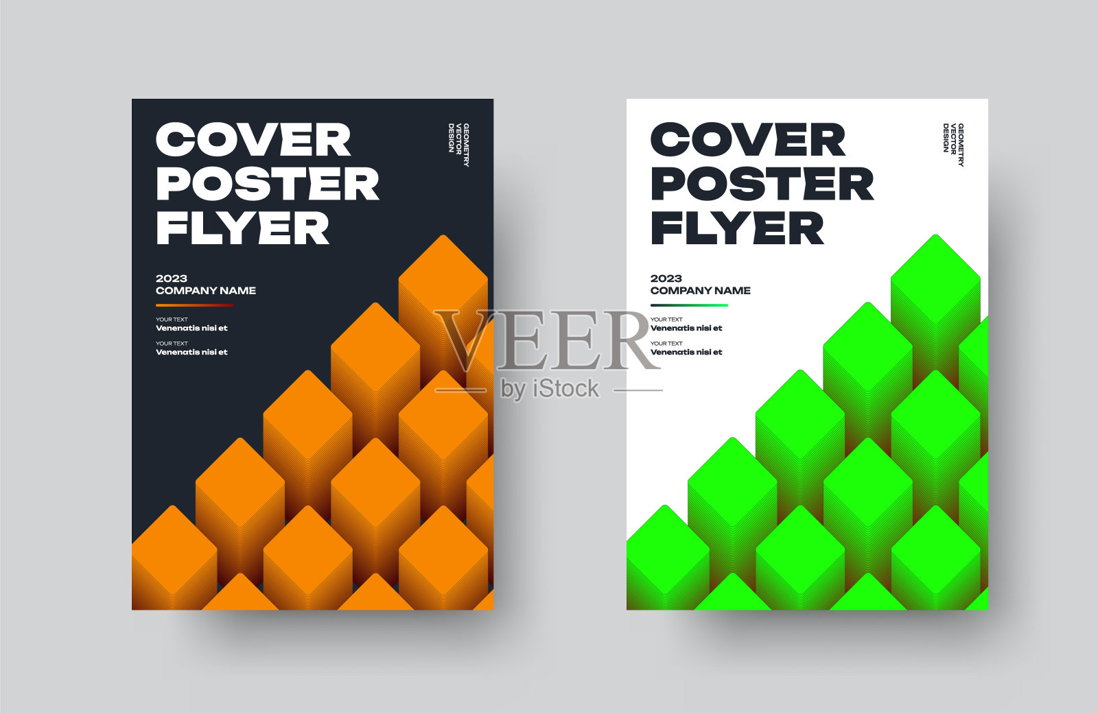 矢量海报与正方形绿色，橙色几何元素，封面上的插图，白色，黑色背景。设计模板素材