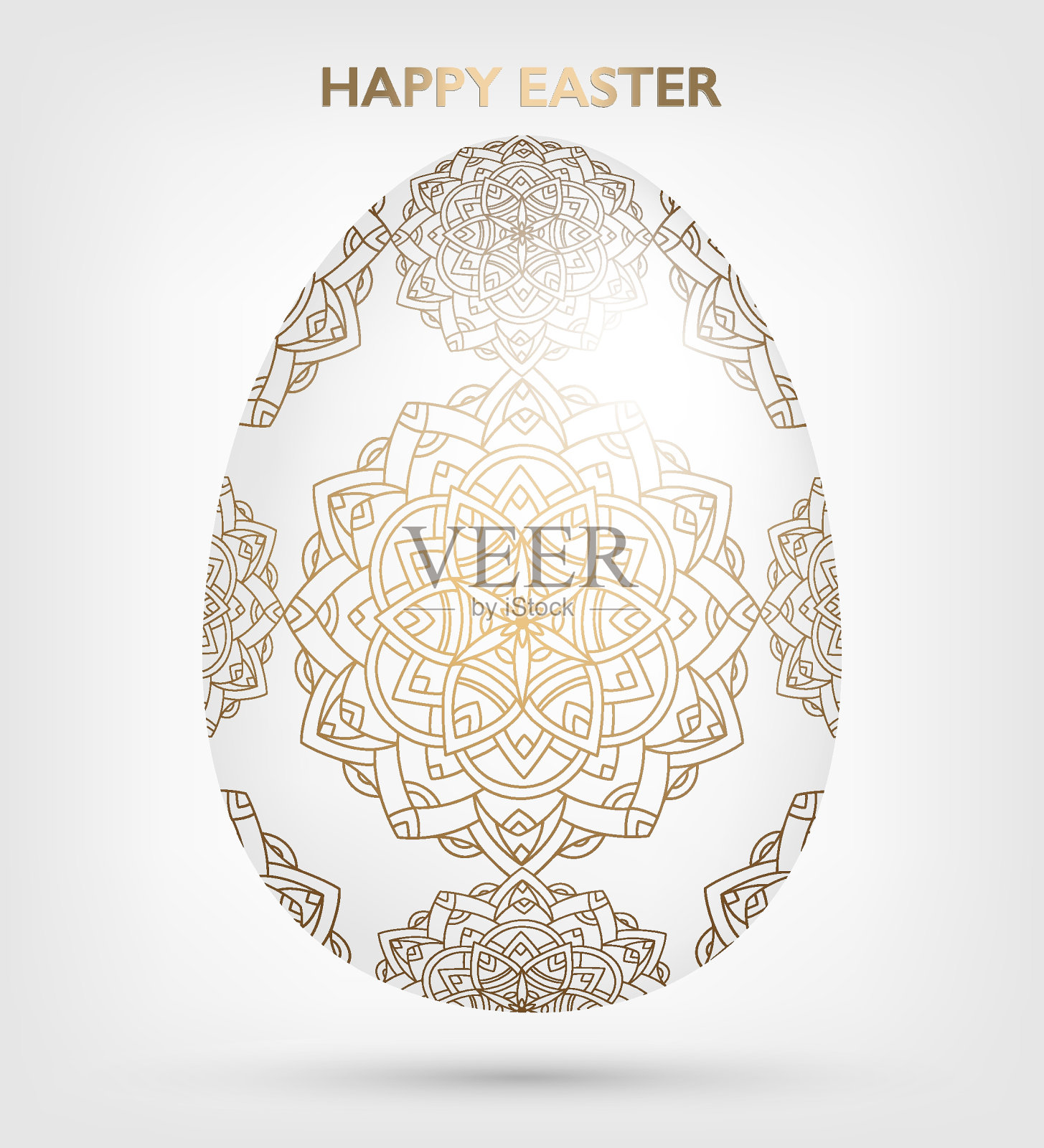 装饰复活节白色彩蛋与金色图案，曼荼罗。传统的观赏花卉春蛋。抽象几何矢量插图复活节假期，贺卡，邀请，网页设计插画图片素材