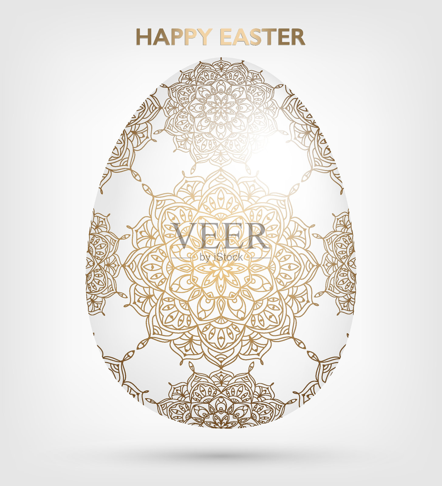 装饰复活节白色彩蛋与金色图案，曼荼罗。传统的观赏花卉春蛋。抽象几何矢量插图复活节假期，贺卡，邀请，网页设计插画图片素材