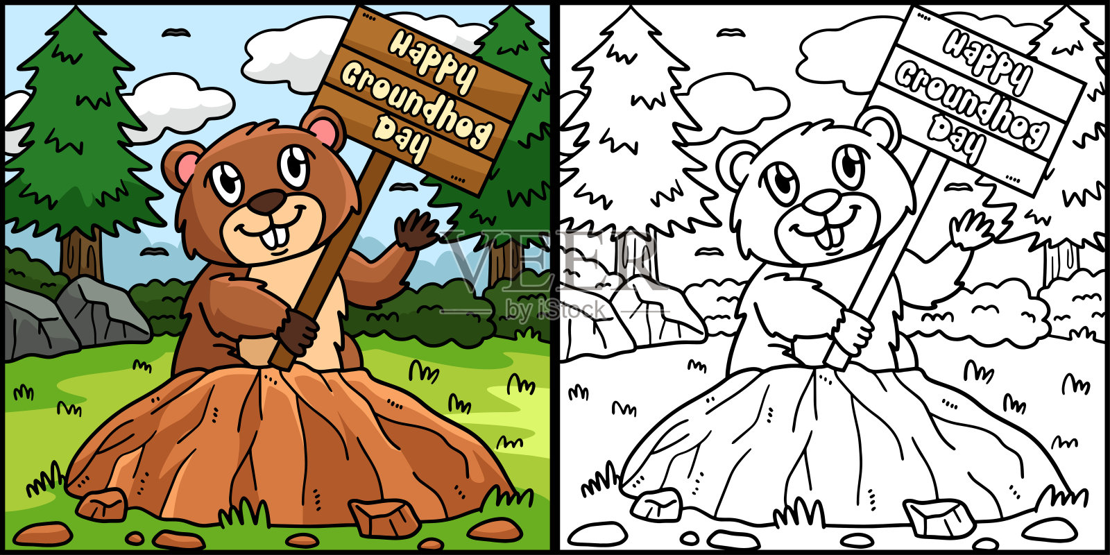 土拨鼠与标语牌着色页插图设计元素图片