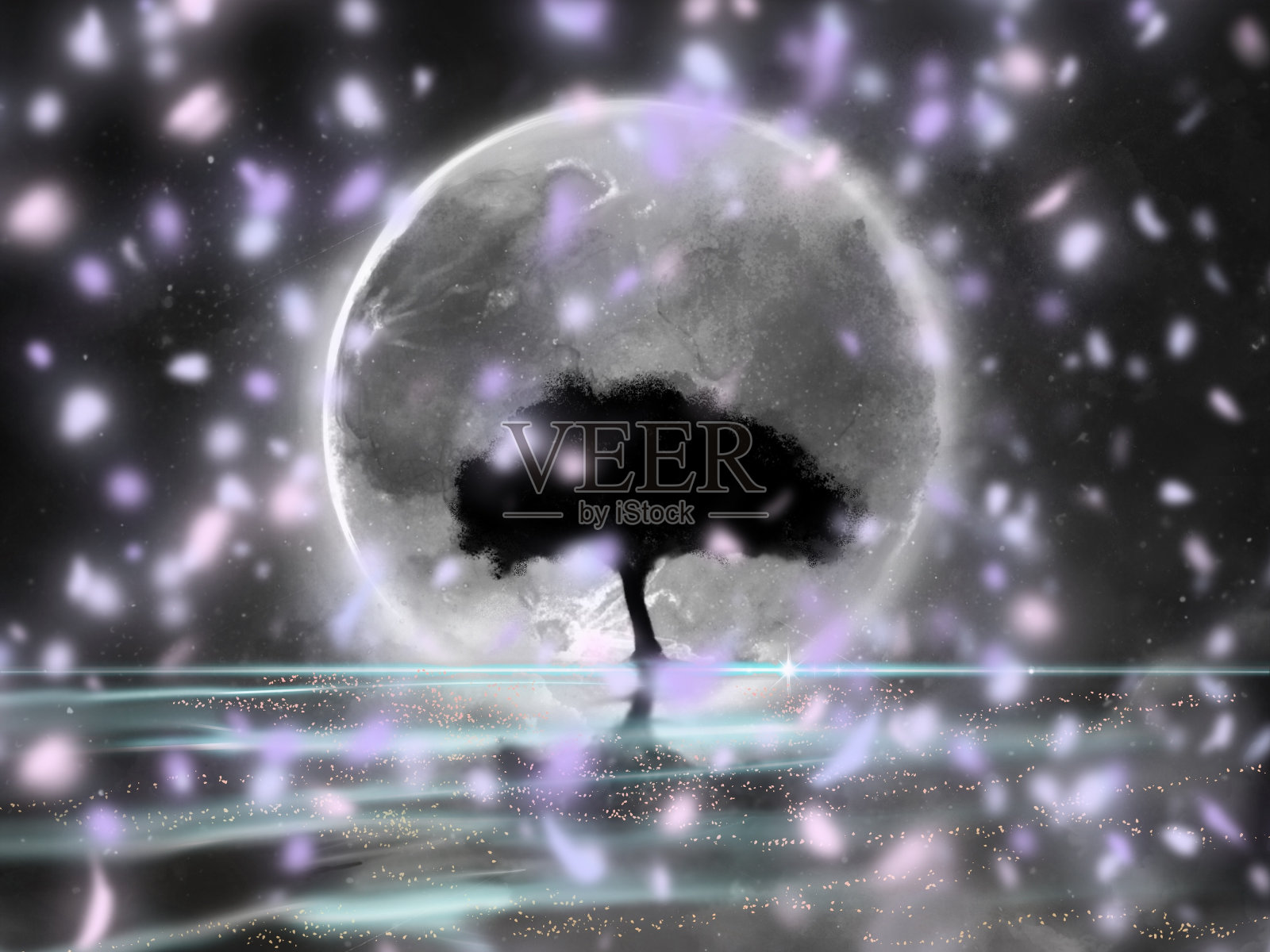 单色幻想景观背景说明的影子的大树被大满月照亮水面插画图片素材