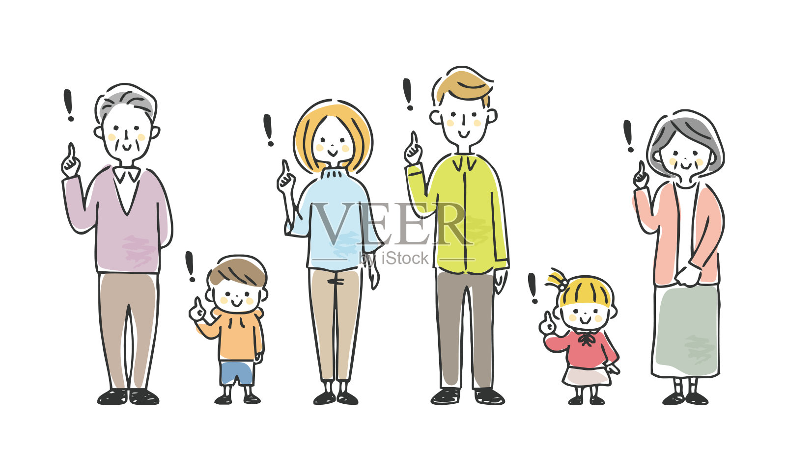 说明一个三代家庭指向。插画图片素材