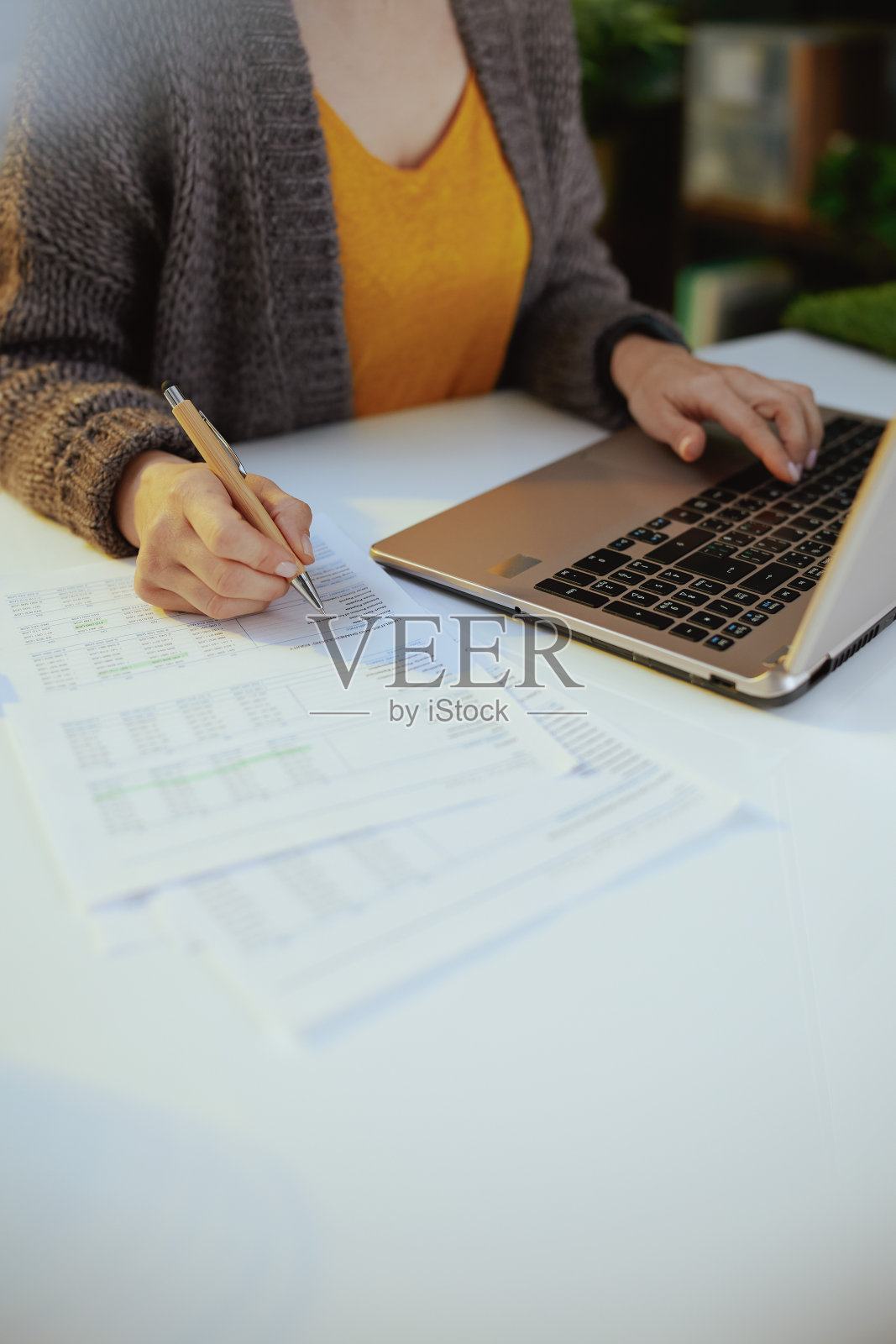 带着文件和笔记本电脑工作的商务女性照片摄影图片