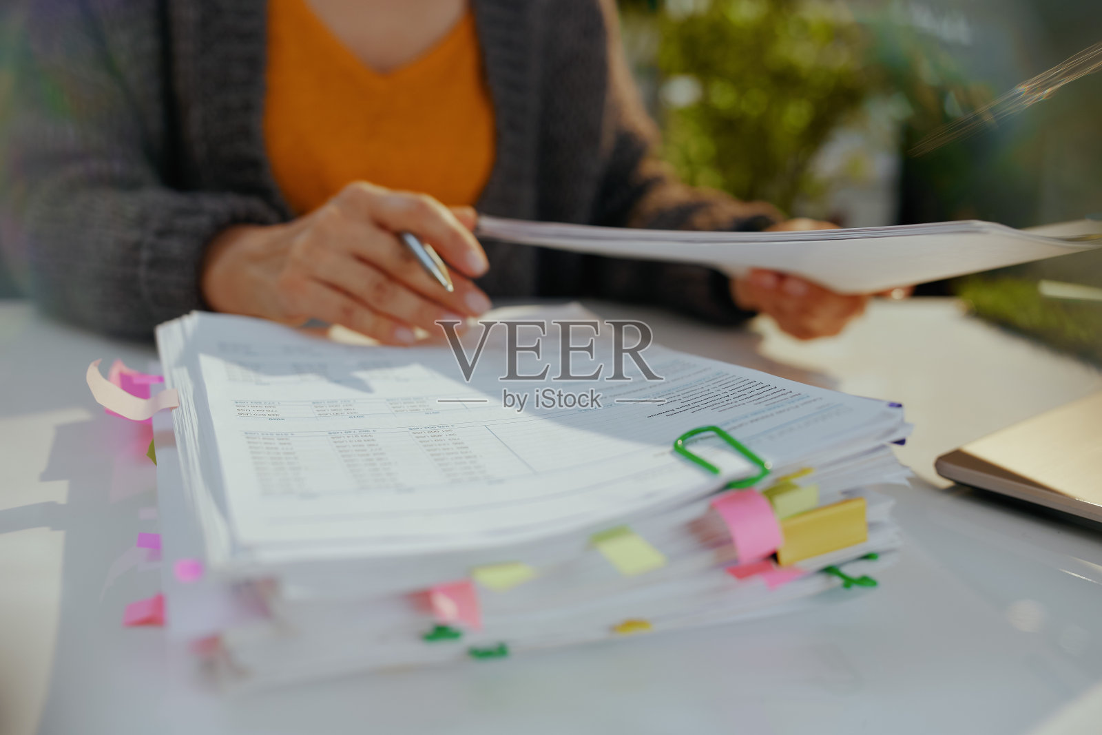 纳税时间。女会计处理文件照片摄影图片