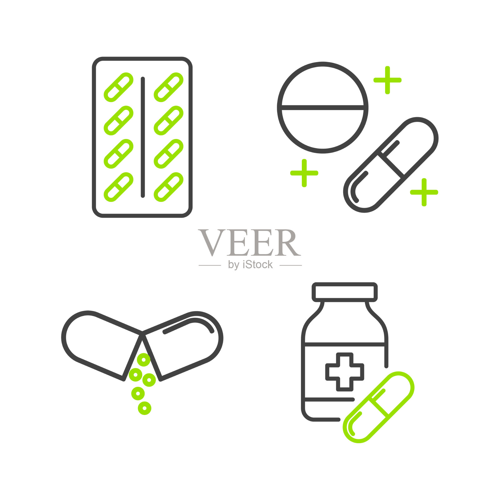 设置行药瓶和药片或片剂图标素材