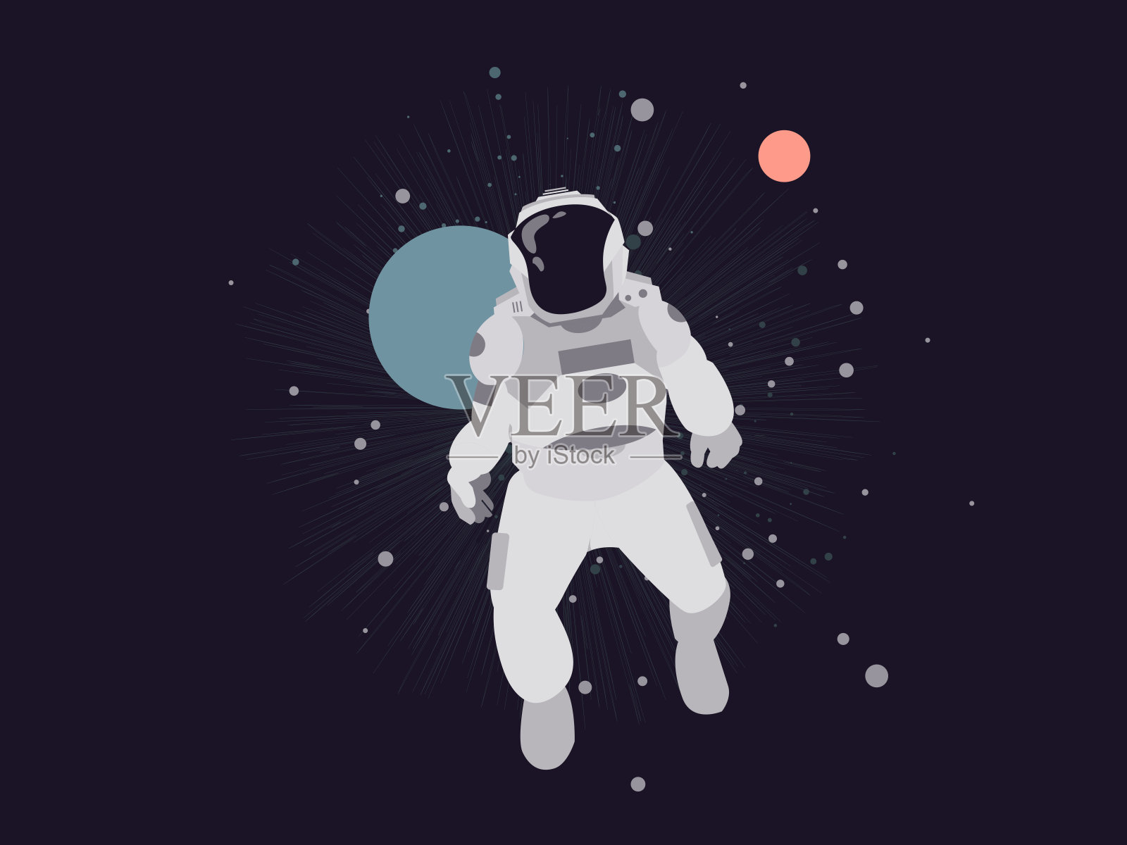 宇航员漂浮在抽象空间，后面有行星和恒星插画图片素材