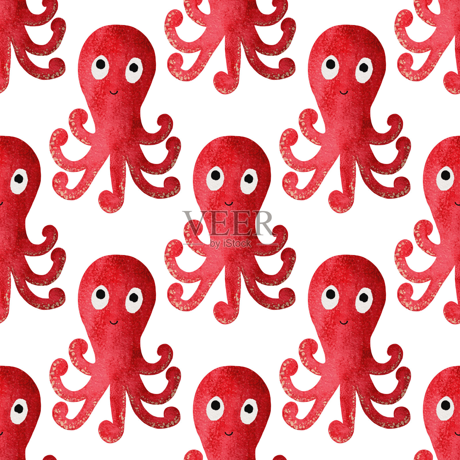 水彩无缝图案与红色可爱的卡通章鱼插画图片素材