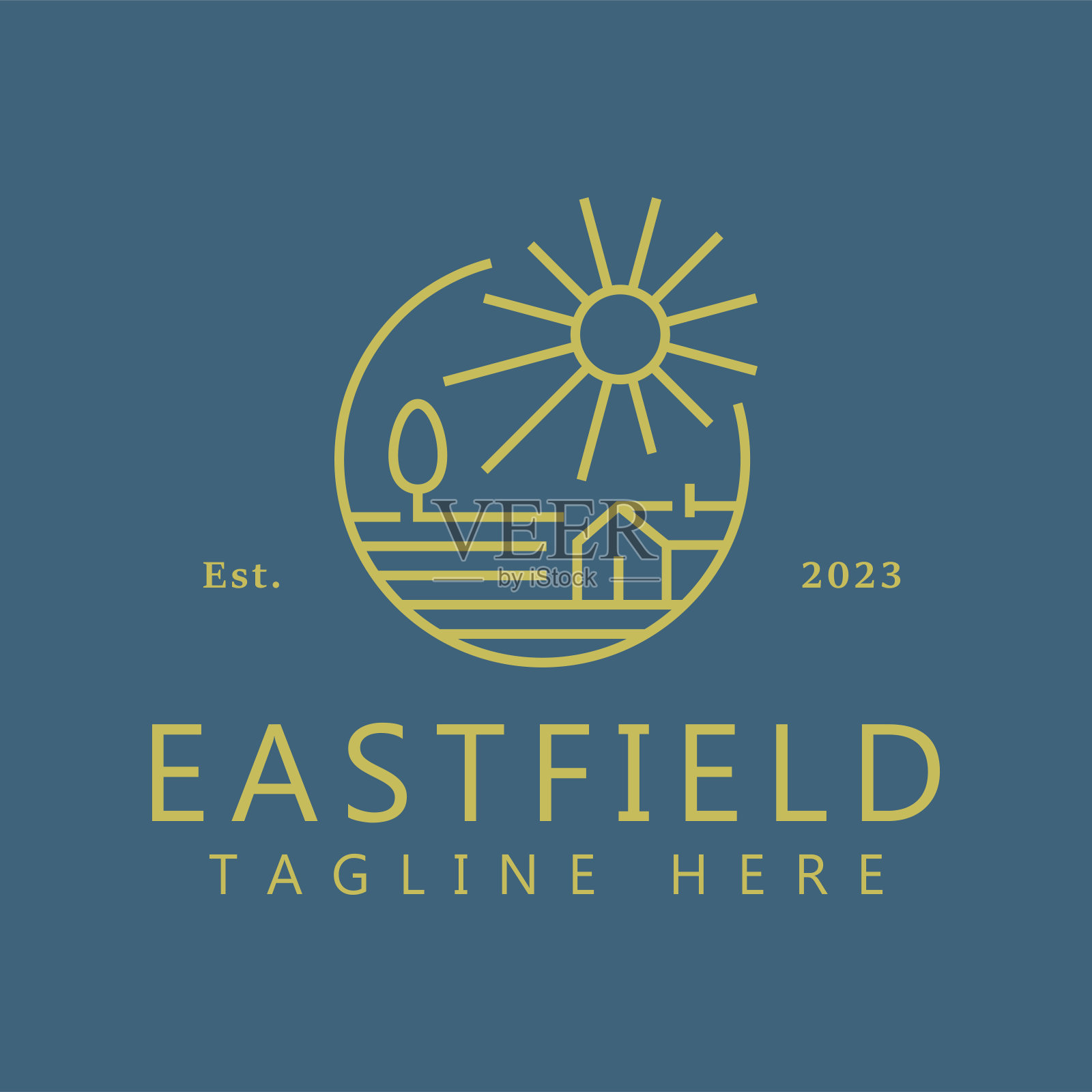 小屋和田野景观视图标志徽章简单的概念插画图片素材