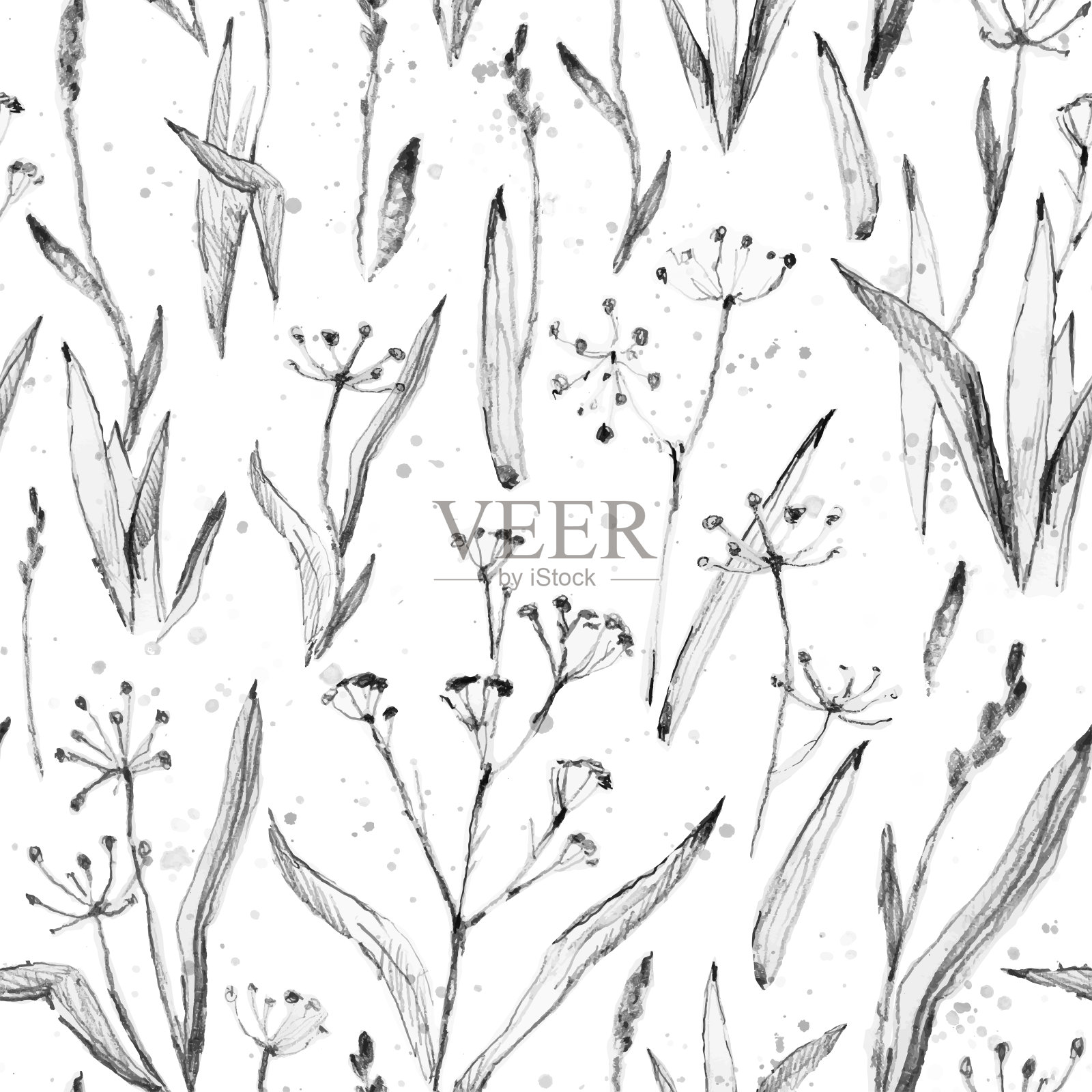 用手绘的植物和草药画出无缝的图案。的背景。植物垃圾矢量插图在灰色和黑色的颜色的织物，包装纸，页面填充插画图片素材