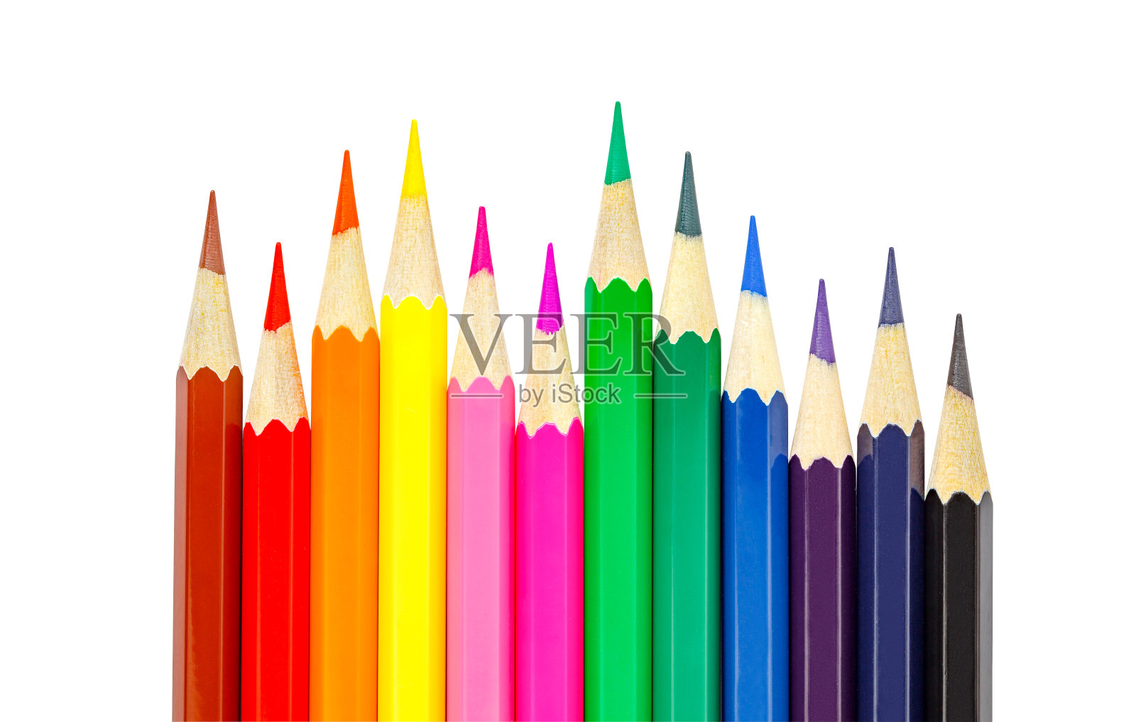 不同长度的彩色铅笔，并排躺着，特写，孤立在白色背景与剪路径照片摄影图片
