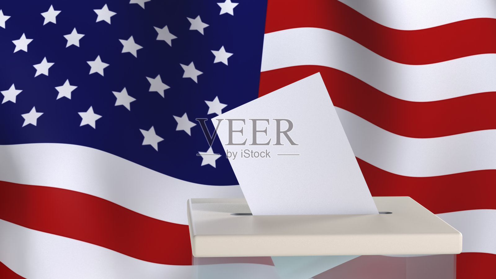 空白处有文字或标志的空白选票投进以美国国旗为背景的投票箱。选举的概念。3 d渲染。模型照片摄影图片