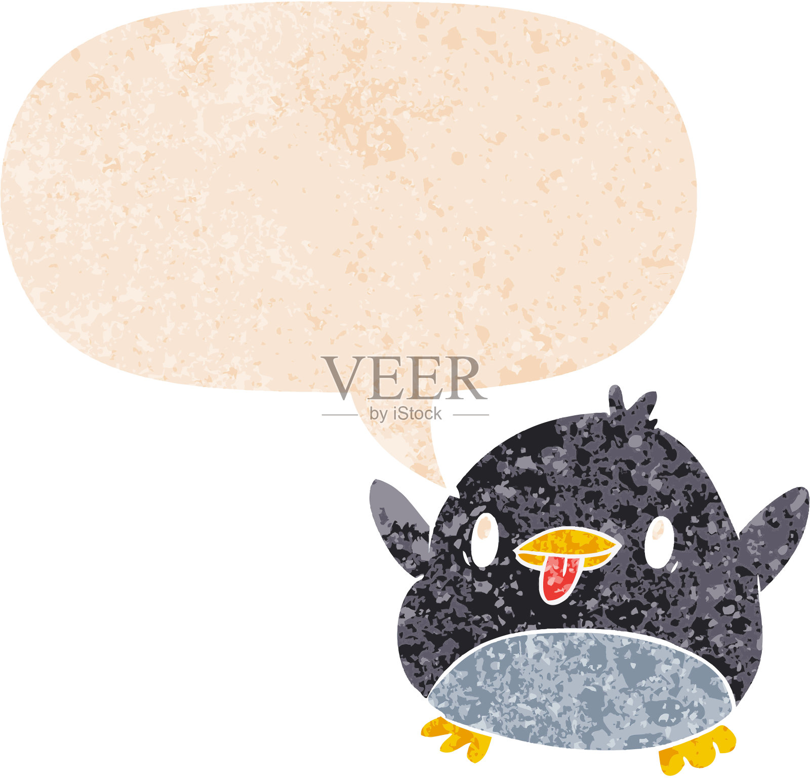 可爱的卡通企鹅语音泡沫在垃圾垃圾苦恼复古纹理风格插画图片素材