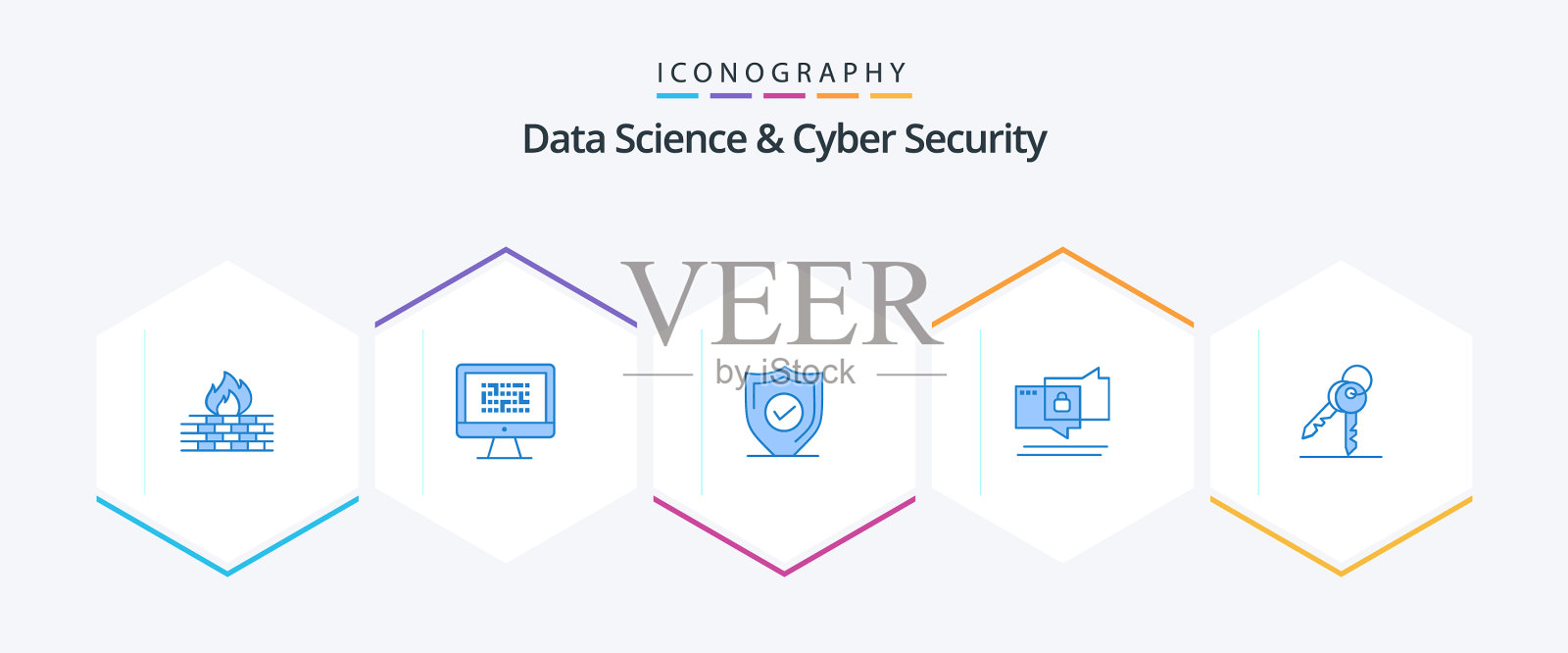 数据科学和网络安全25个蓝色图标包插画图片素材