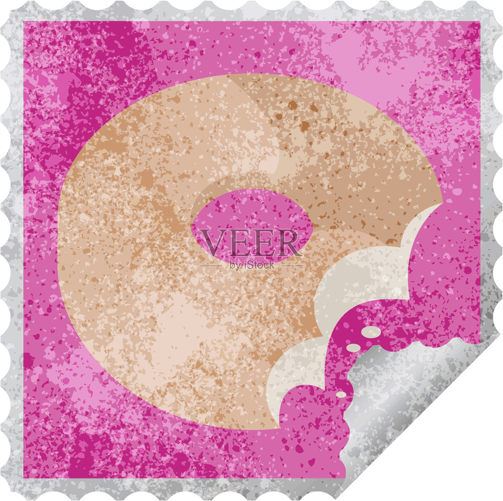 咬甜甜圈图形方形贴纸邮票插画图片素材