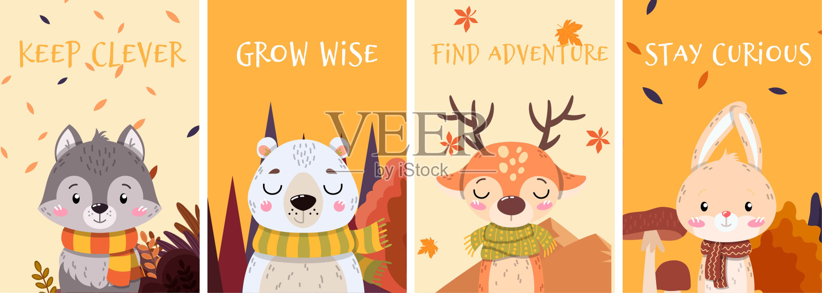 动物秋季海报套装插画图片素材