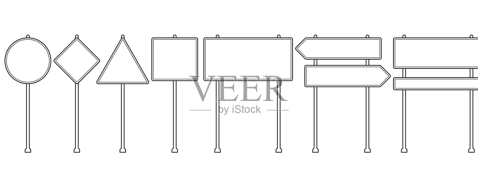 黑白线道路标志设置孤立的白色背景。轮廓空白路标插画图片素材